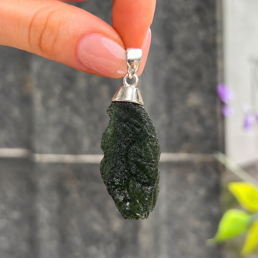 Rough Cut Green Moldavite Sterling Silver Pendant