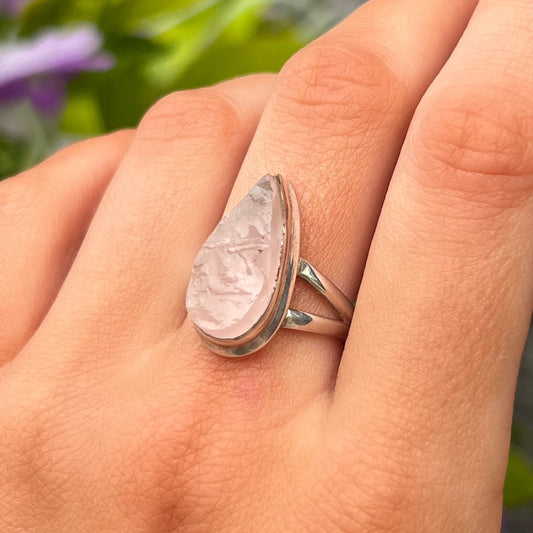 Sterling Silver Rough Pear Cut Pink Rose Quartz Ring - Size O