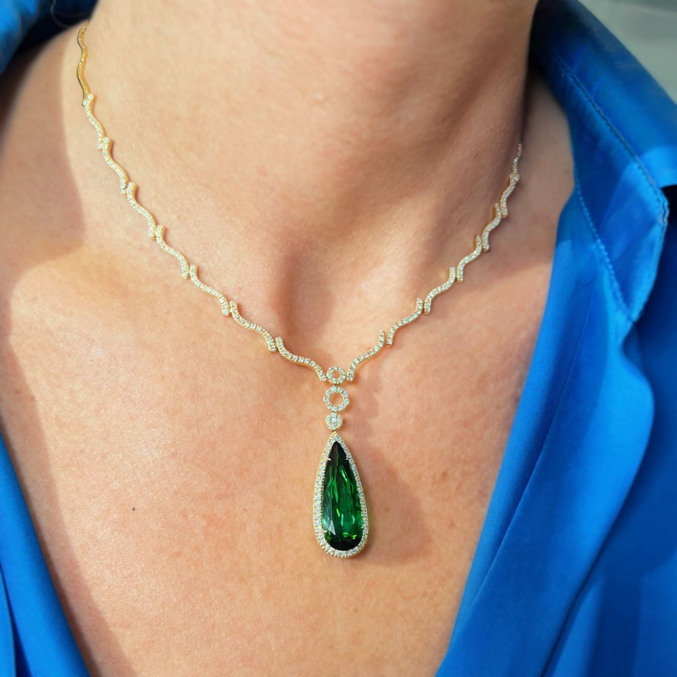 8.78ct Tourmaline and Diamond 18ct Yellow Gold Teardrop Necklace