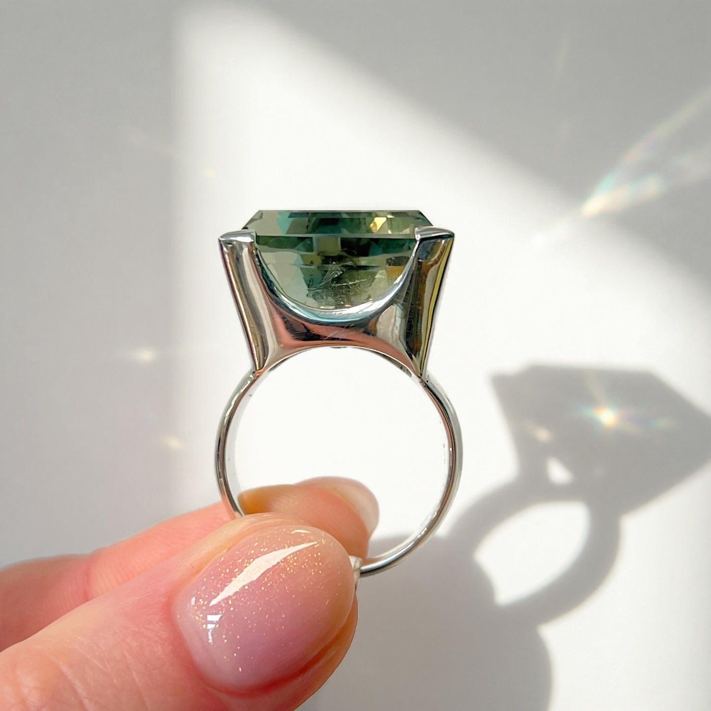 Chunky Sterling Silver Trillion-Cut Green Amethyst Cocktail Ring - Size R ½