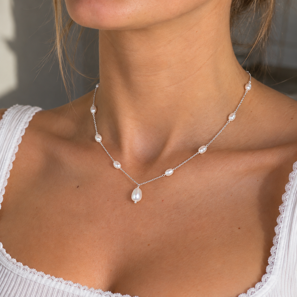 Pearl Sterling Silver Dainty Station Necklace