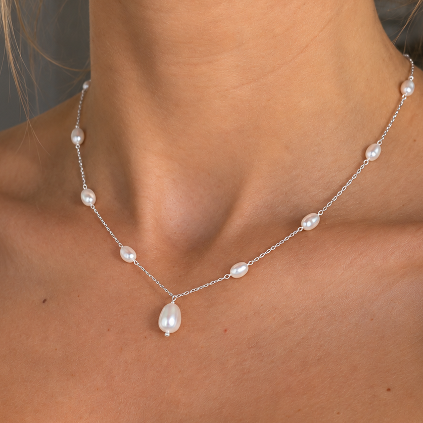 Pearl Sterling Silver Dainty Station Necklace