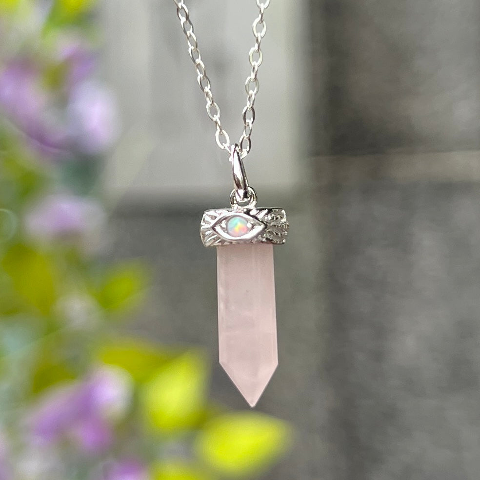 Sterling Silver Pink Rose Quartz Point with Opal Eye Necklace