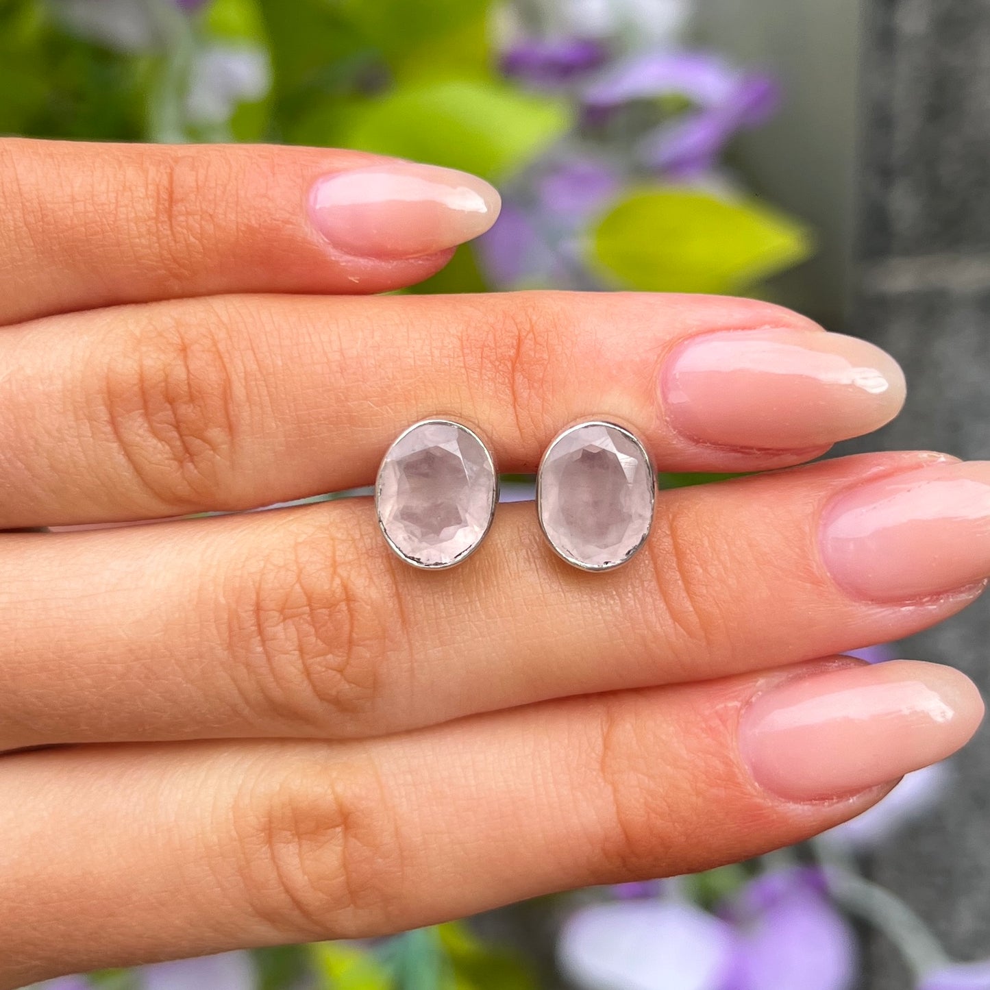 Sterling Silver Pink Rose Quartz Oval Faceted Stud Earrings