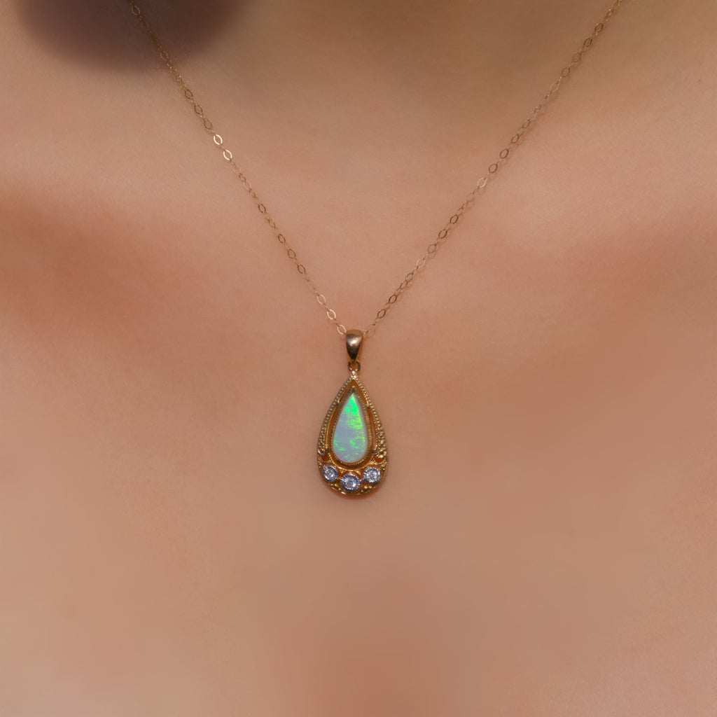 Art Deco Inspired Opal and Diamond 9ct Yellow Gold Necklace
