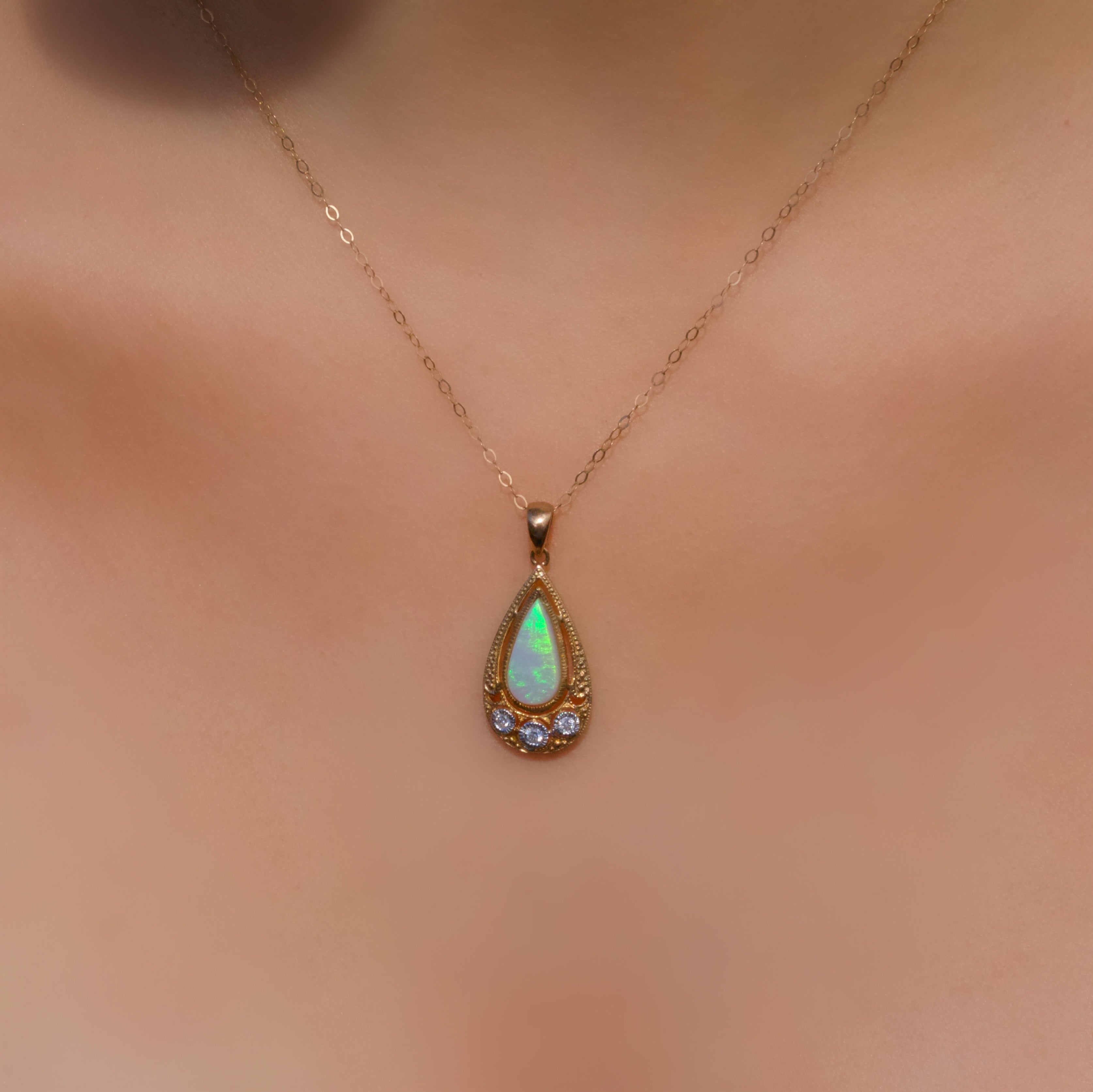 Art Deco Inspired Opal and Diamond 9ct Yellow Gold Necklace