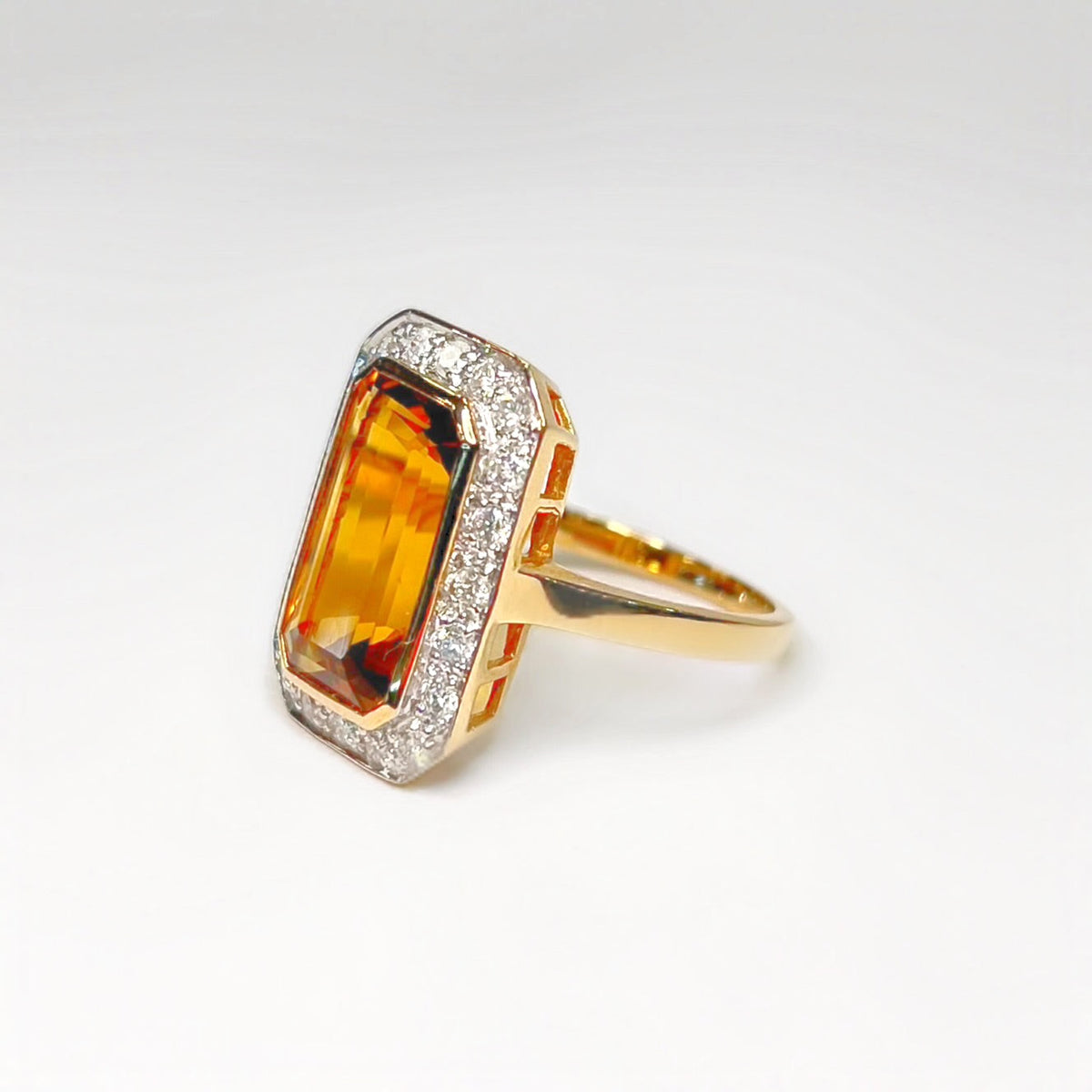 Art Deco Inspired Madeira Citrine and Diamond 9ct Yellow Gold Halo Cocktail Ring | Size N ½