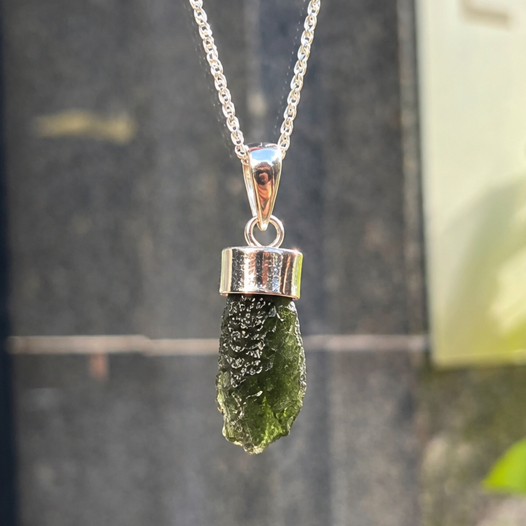 Rough Cut Green Moldavite Sterling Silver Pendant