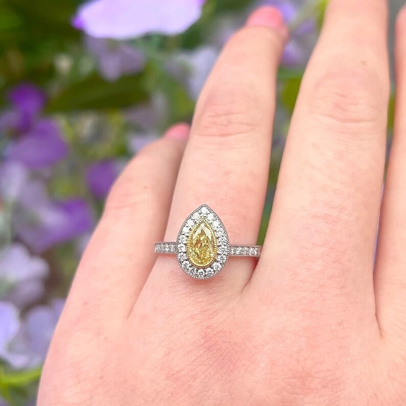 Rare Canary Lemon Yellow Diamond Pear Halo Platinum Ring | Size M