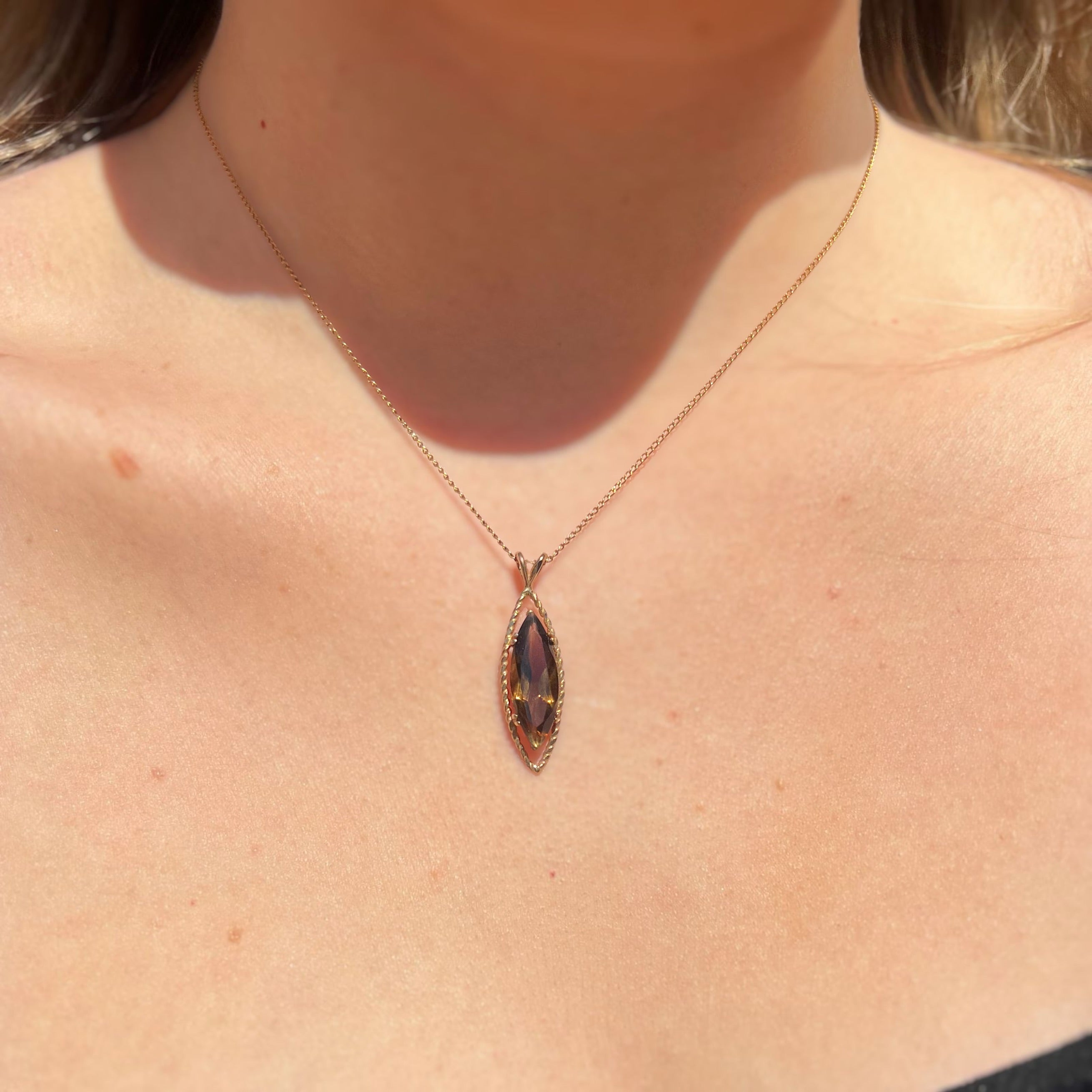 Vintage Smoky Topaz 9ct Yellow Gold Navette Shaped Necklace