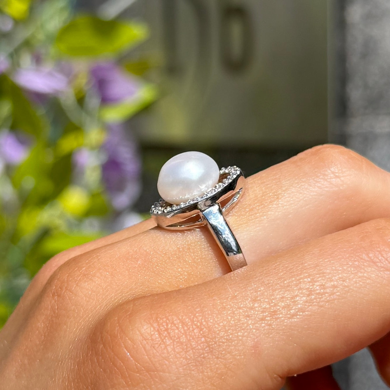 Cubic Zirconia and Pearl Sterling Silver Swirl Ring | Size M ½