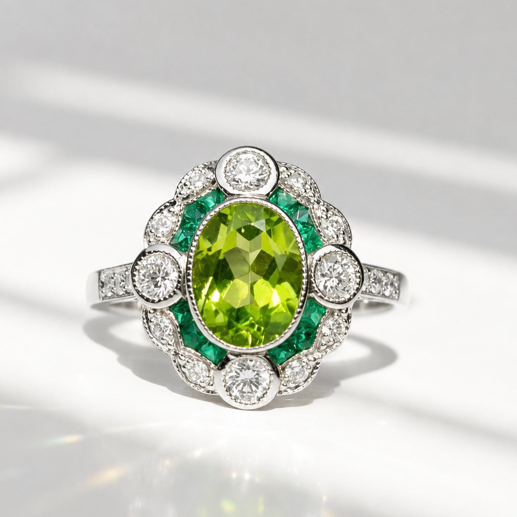 Art Deco Reproduction Peridot, Emerald and Diamond 9ct White Gold Ring | Size M ½