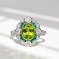 Art Deco Reproduction Peridot, Emerald and Diamond 9ct White Gold Ring | Size M ½