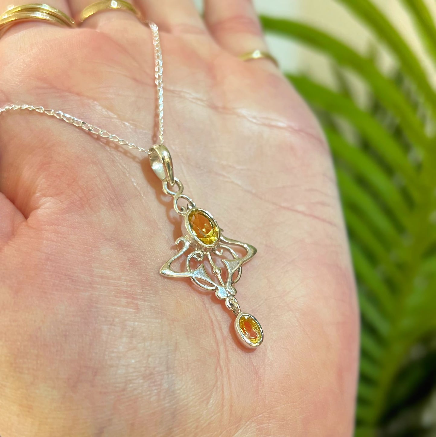 Sterling Silver Citrine Art Nouveau Inspired Necklace