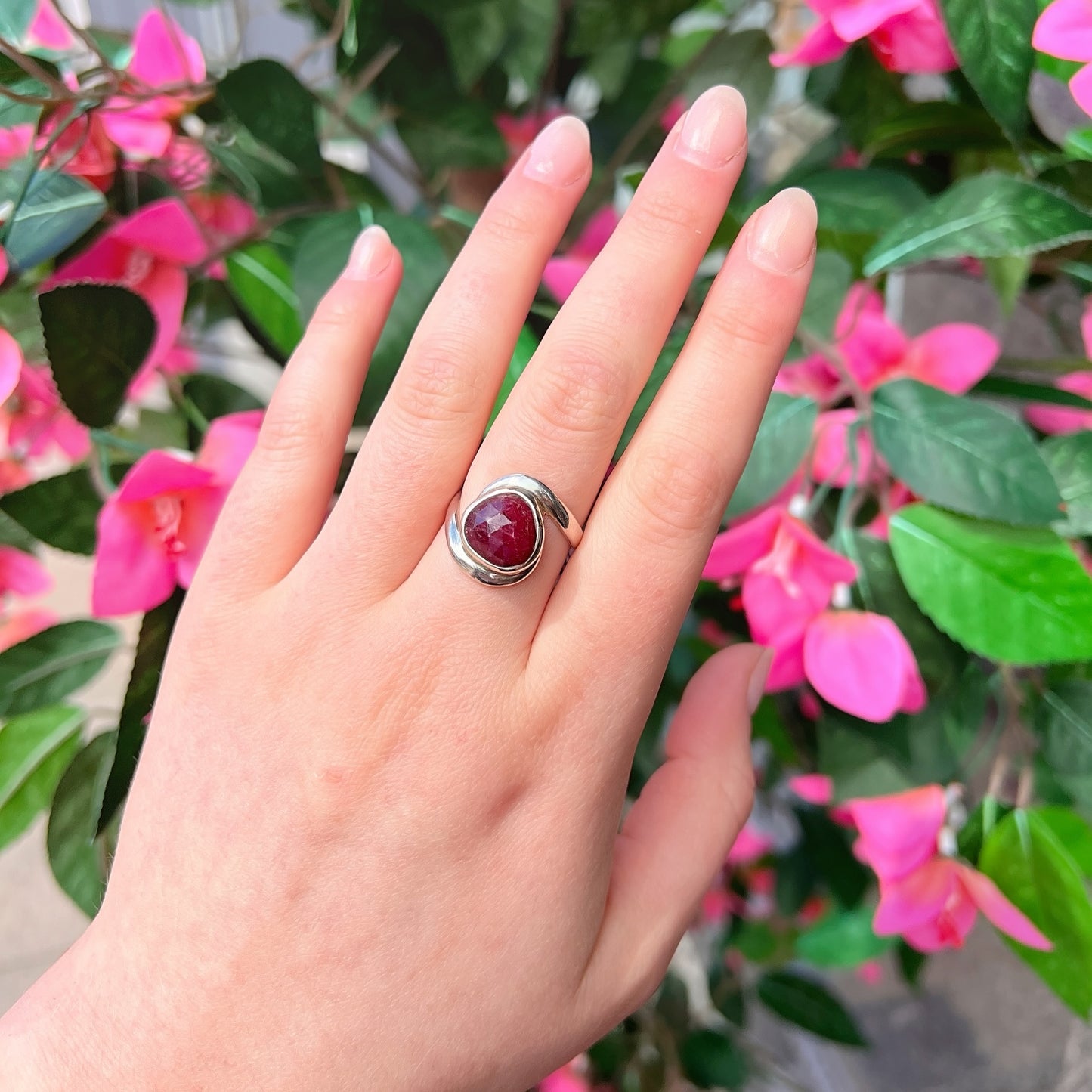 Unique Sterling Silver Ruby Twist Ring - Size P