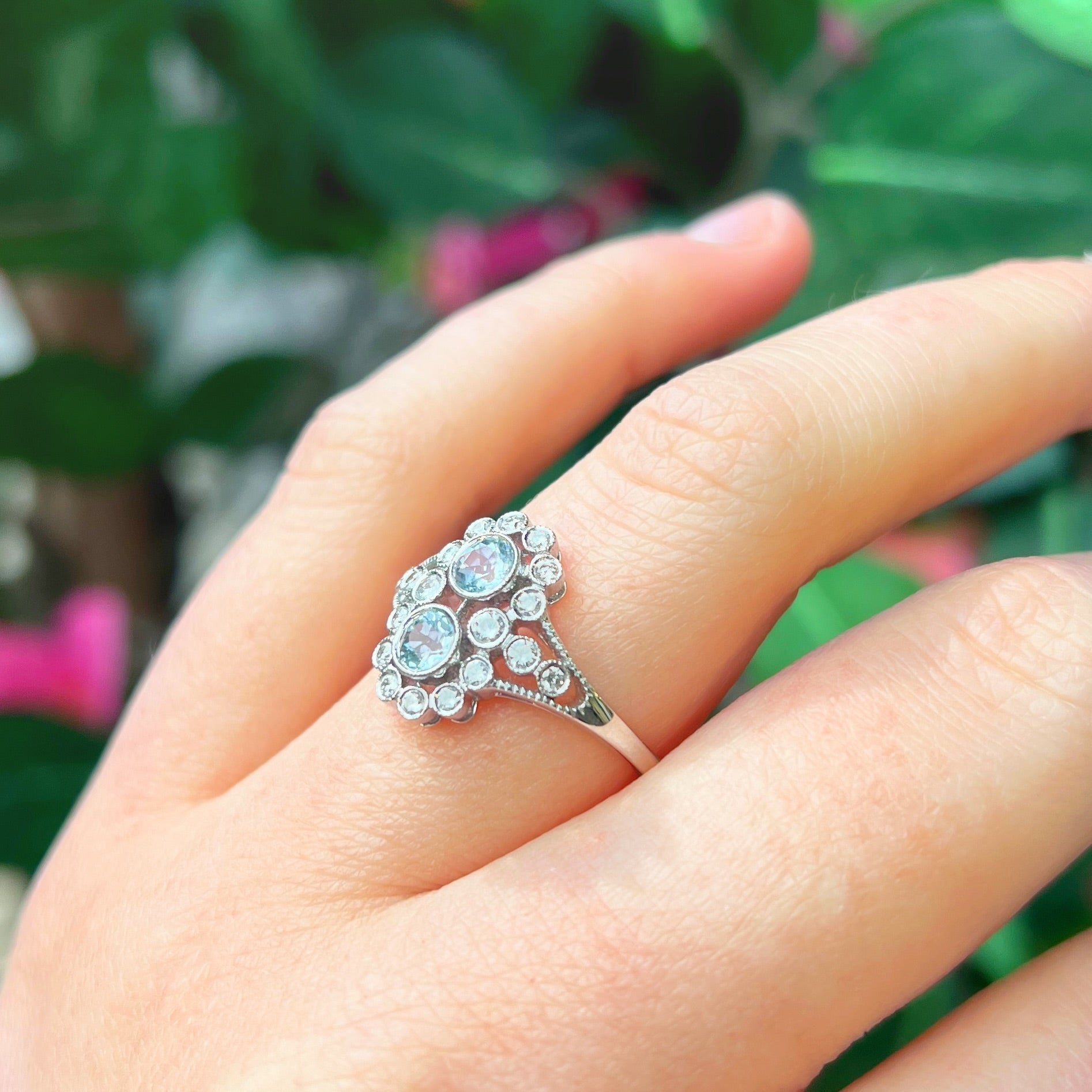 Edwardian Reproduction Aquamarine and Diamond 18ct White Gold Ring | Size N ½