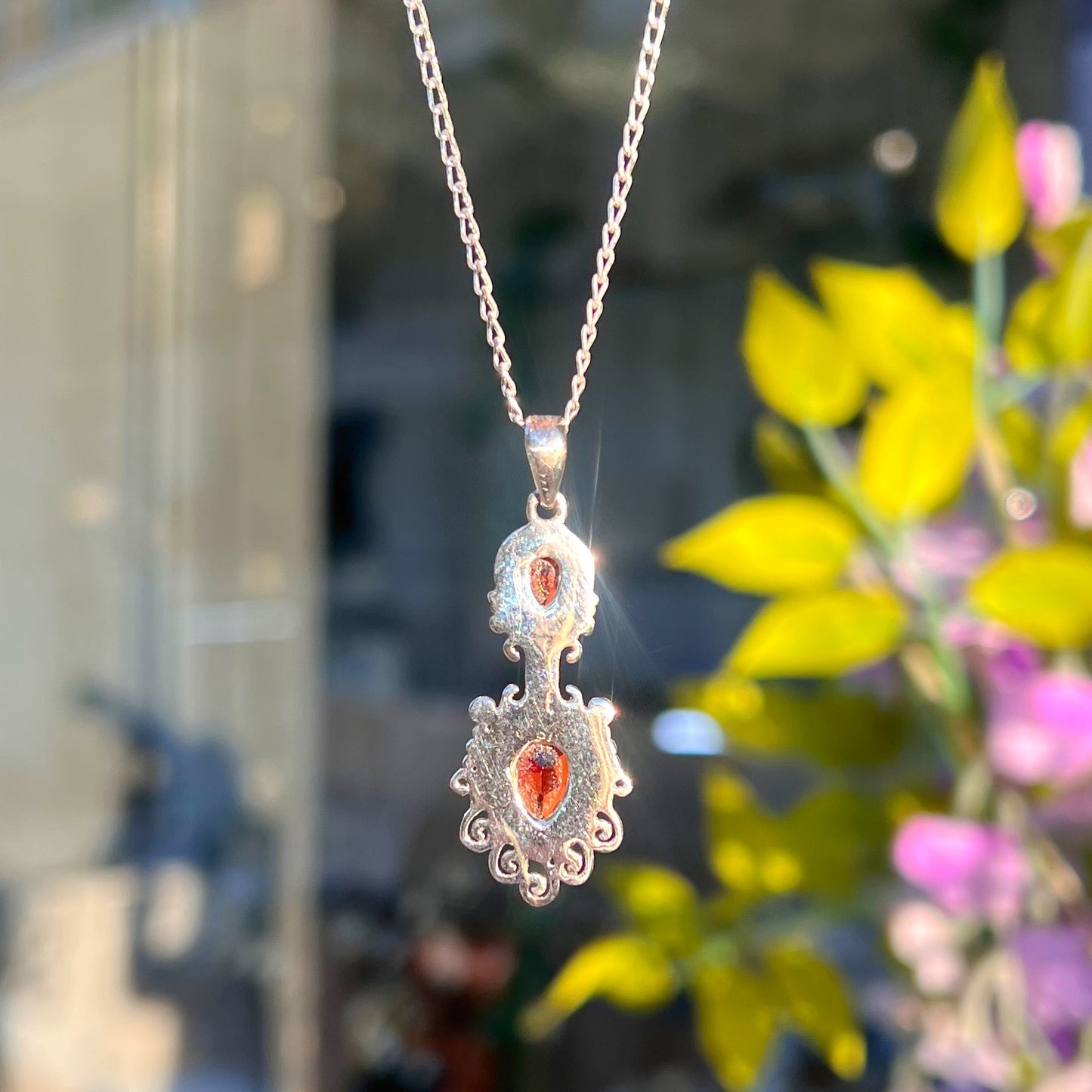 Sterling Silver Boho Inspired Pear Shaped Garnet Necklace