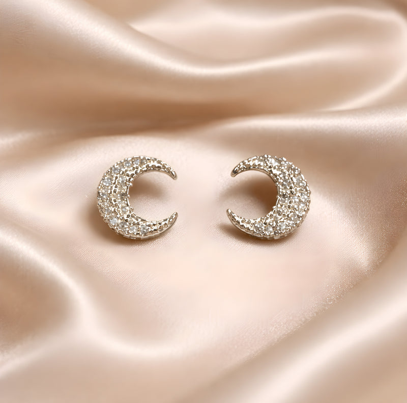 Cubic Zirconia Sterling Silver Half Moon Stud Earrings