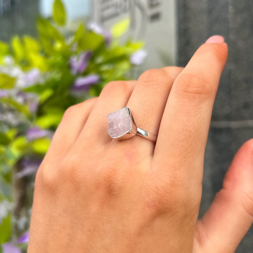 Square Rough Cut Rose Quartz Sterling Silver Ring | Size O