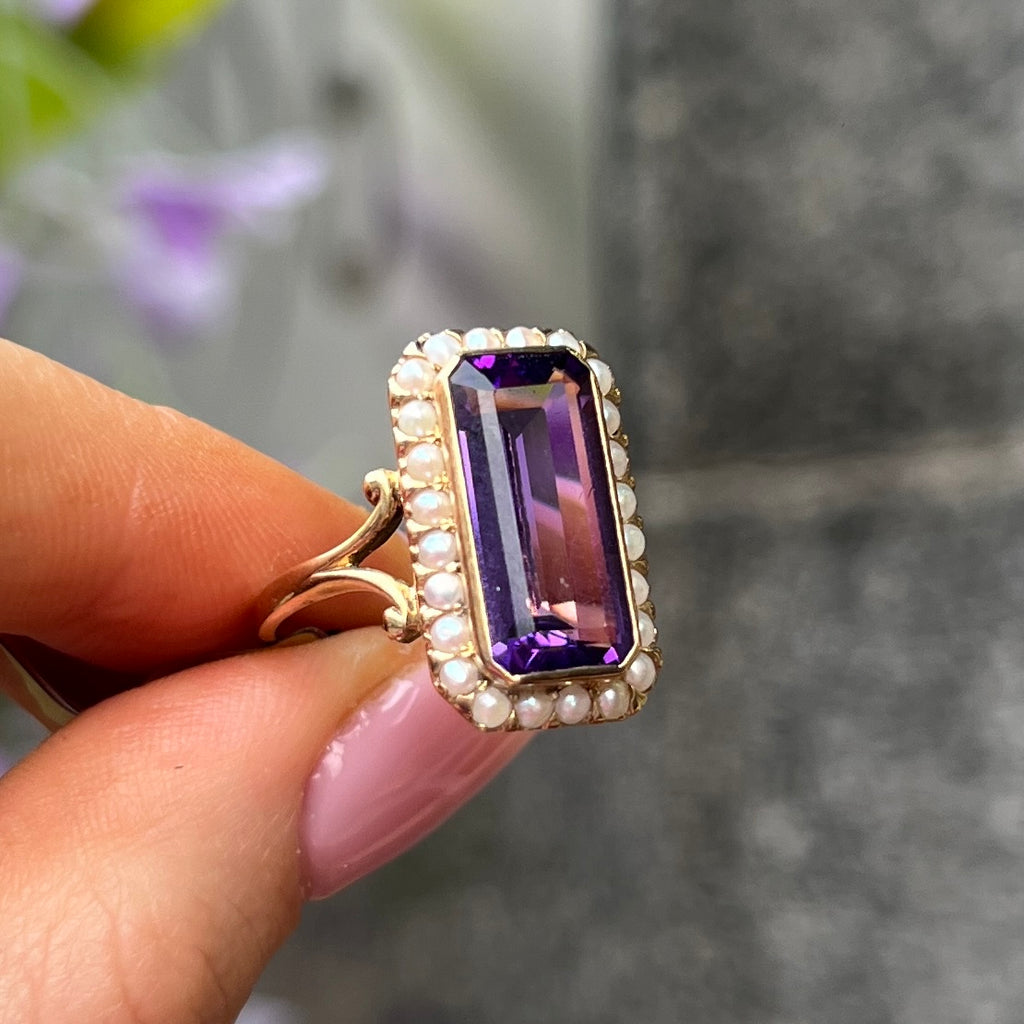 Amethyst & Pearl 9ct Yellow Gold Ring | Size N