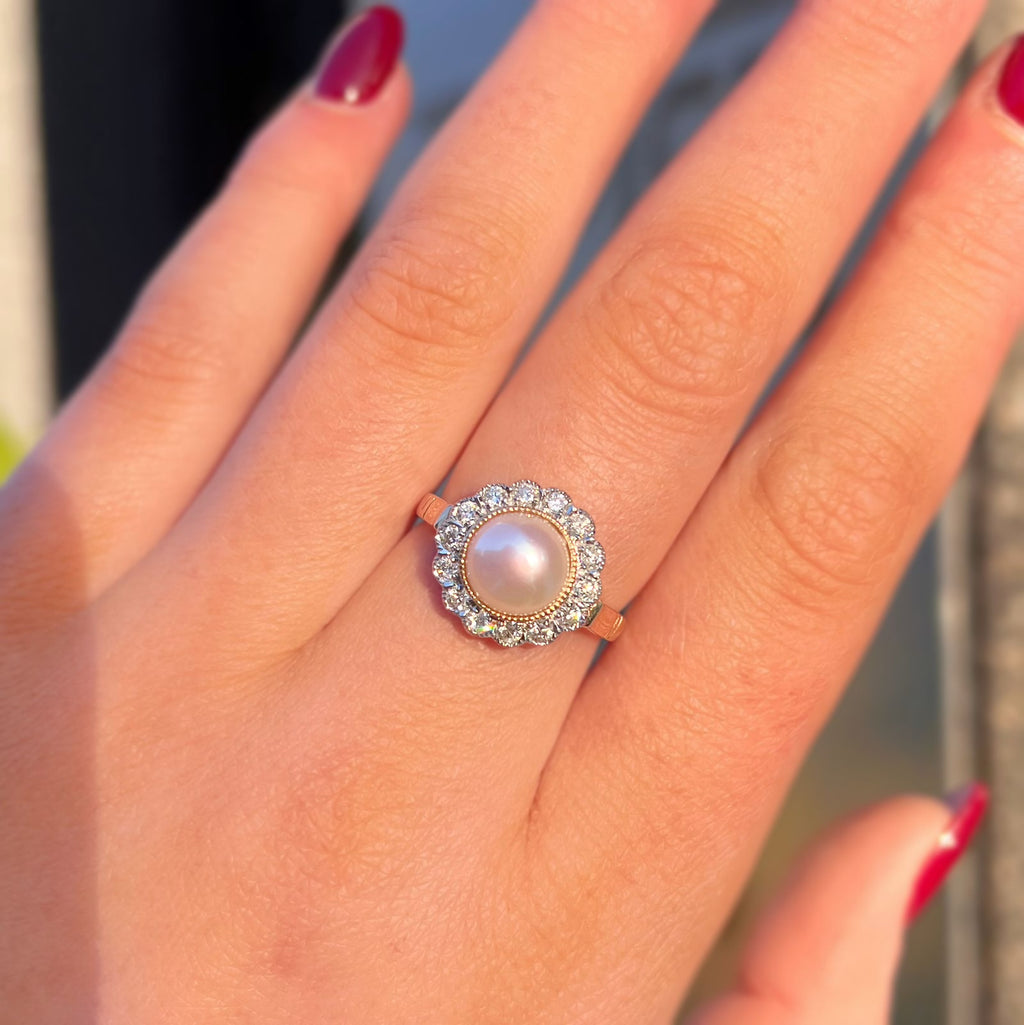 'The Audrey' Pearl and Diamond 9ct Yellow Gold Halo Cluster Ring | Size O