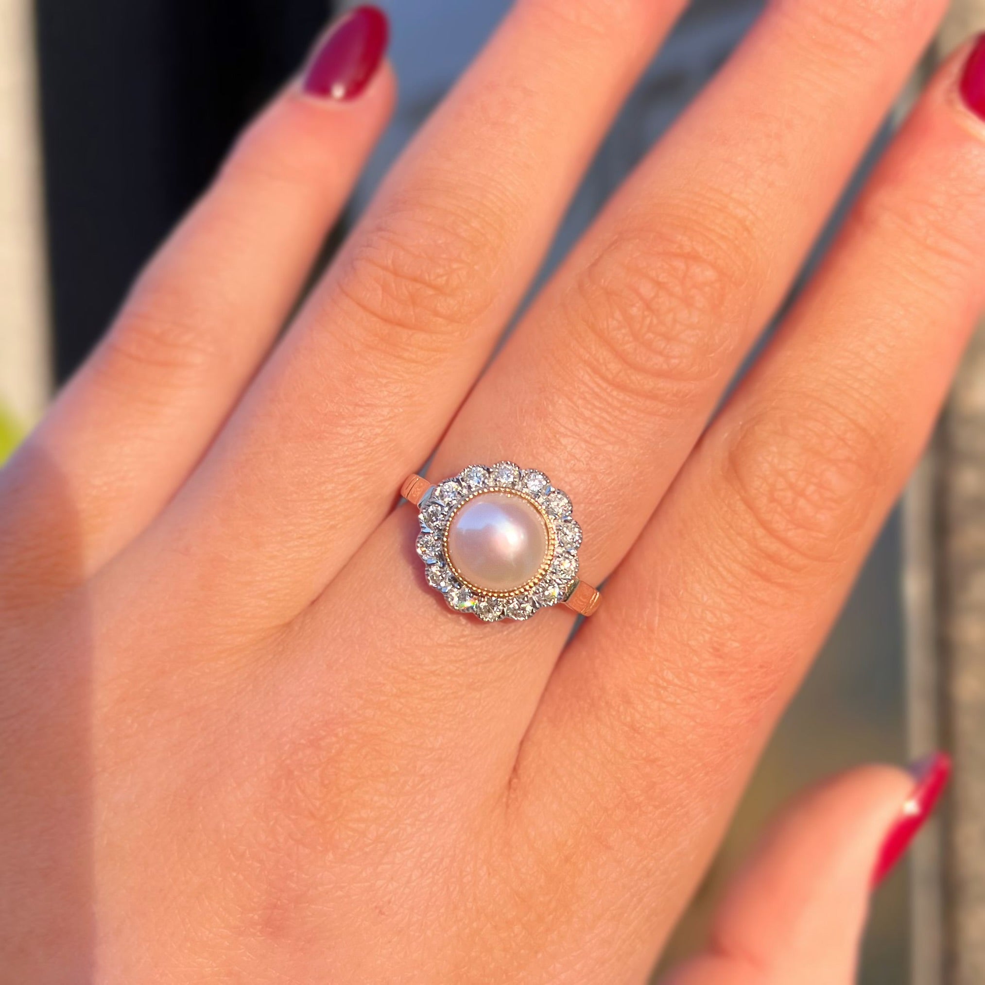 'The Audrey' Pearl and Diamond 9ct Yellow Gold Halo Cluster Ring | Size O