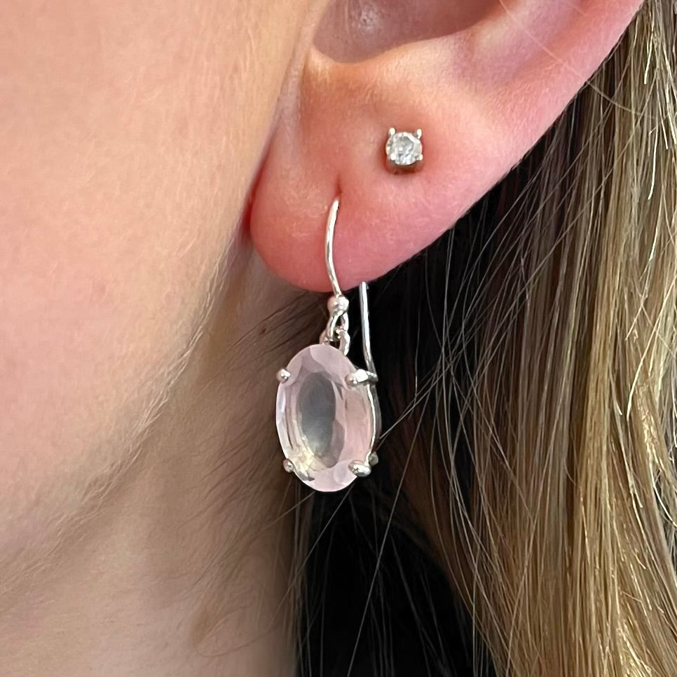 Pink Rose Quartz Sterling Silver Oval Faceted Drop Earrings
