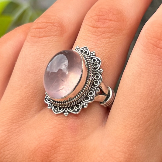 Chunky Bohemian Sterling Silver Cabochon Pink Rose Quartz Ring - Size N