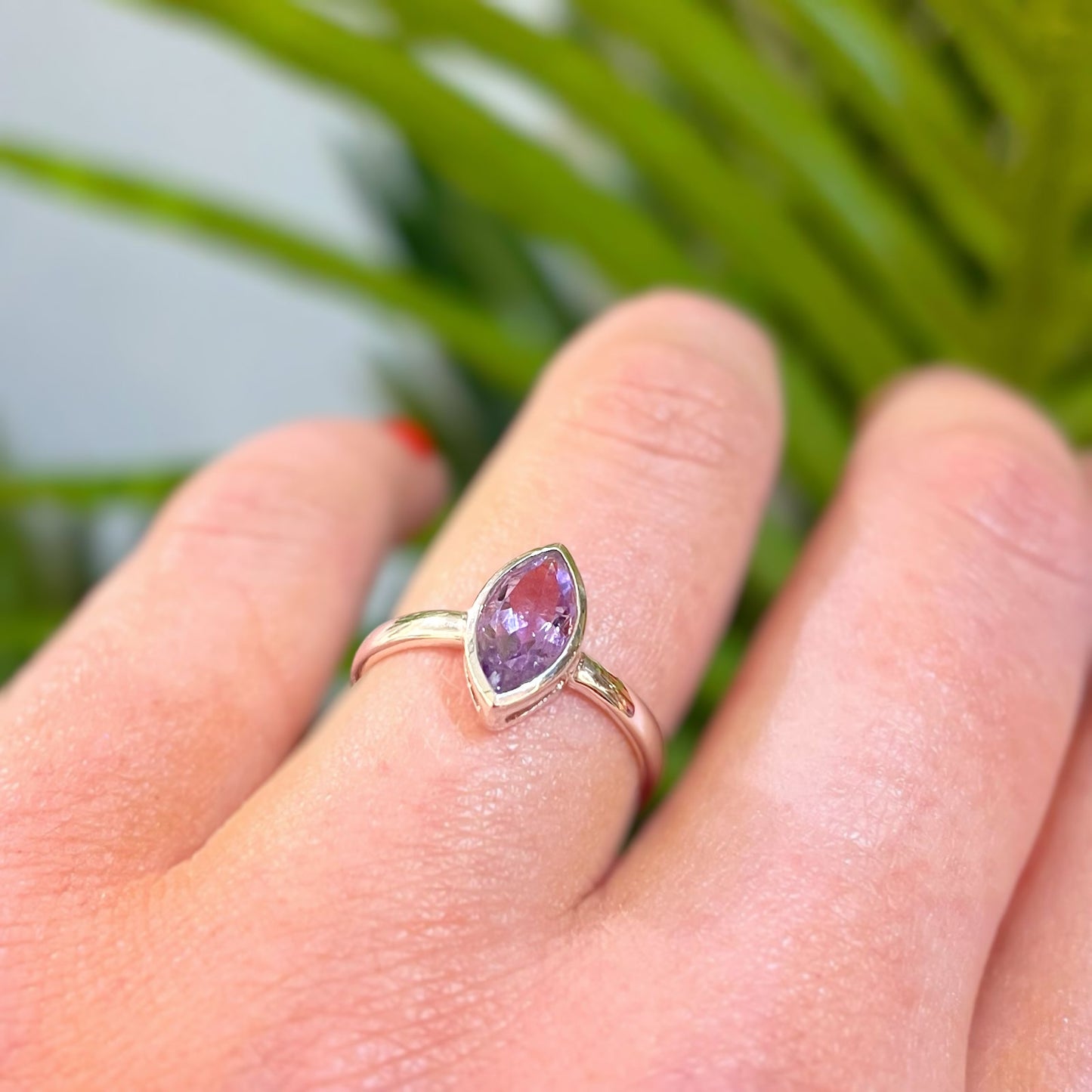 Sterling Silver Marquise Amethyst Solitaire Stacking Ring - Size K ½