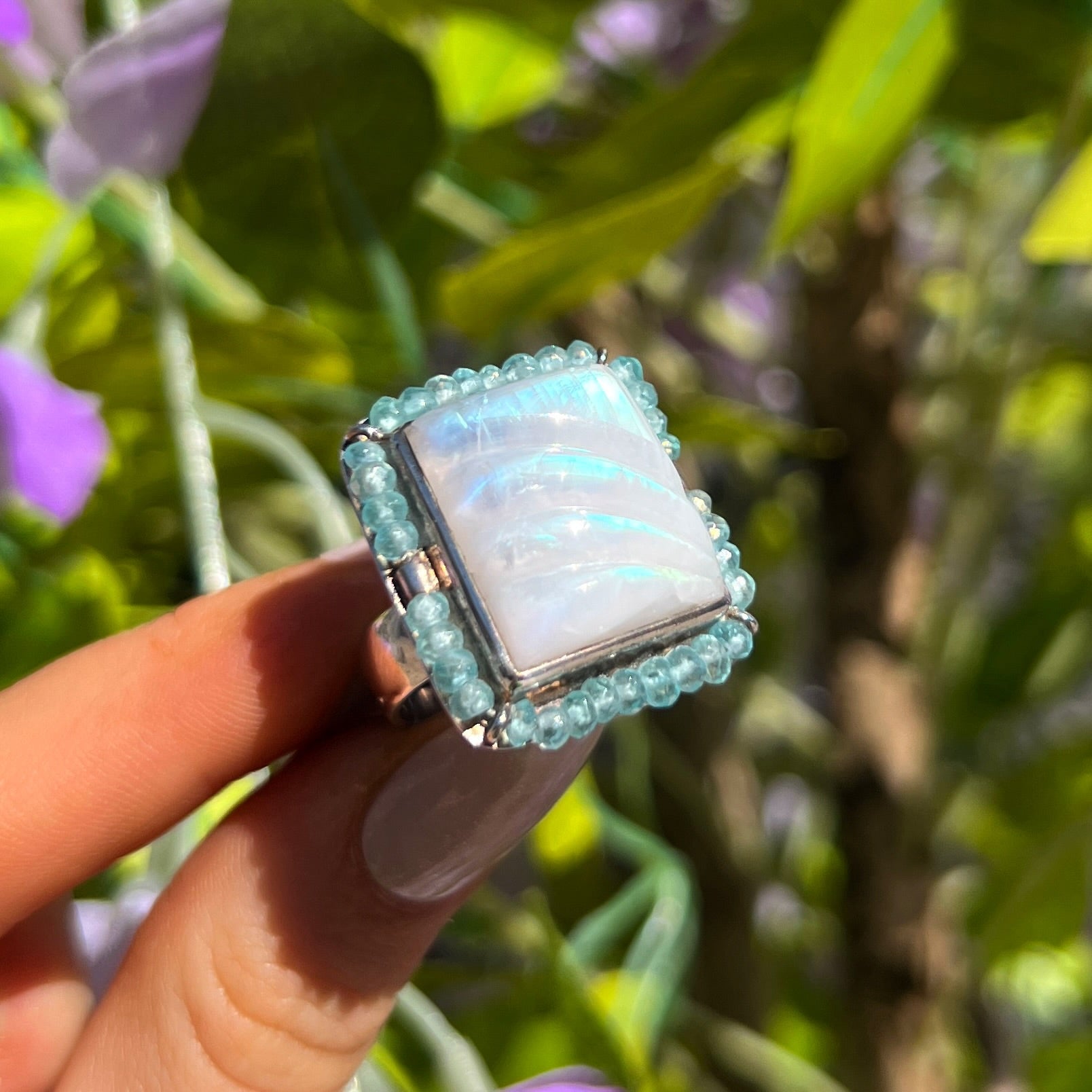 Square Rainbow Moonstone & Aquamarine Beaded Bohemian Ring | Adjustable Size