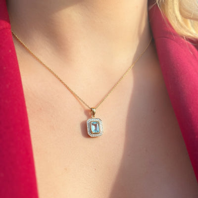 Aquamarine and Diamond Dainty Art Deco Inspired 9ct Yellow Gold Necklace