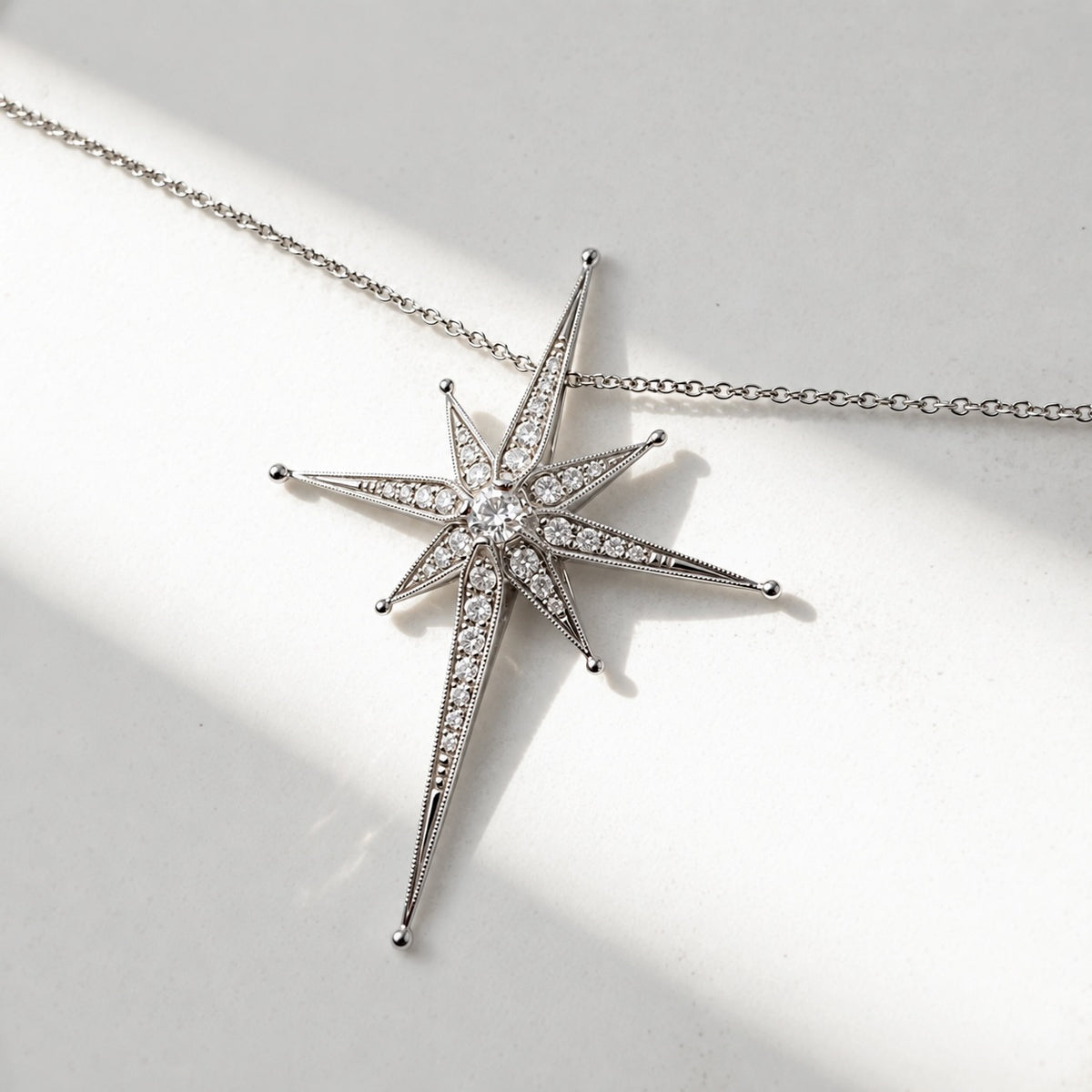 9ct White Gold and Diamond Edwardian Inspired Star Necklace