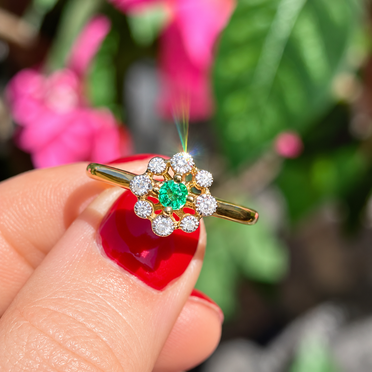 Emerald and Diamond 9ct Yellow Gold Flower Ring | Size O ½