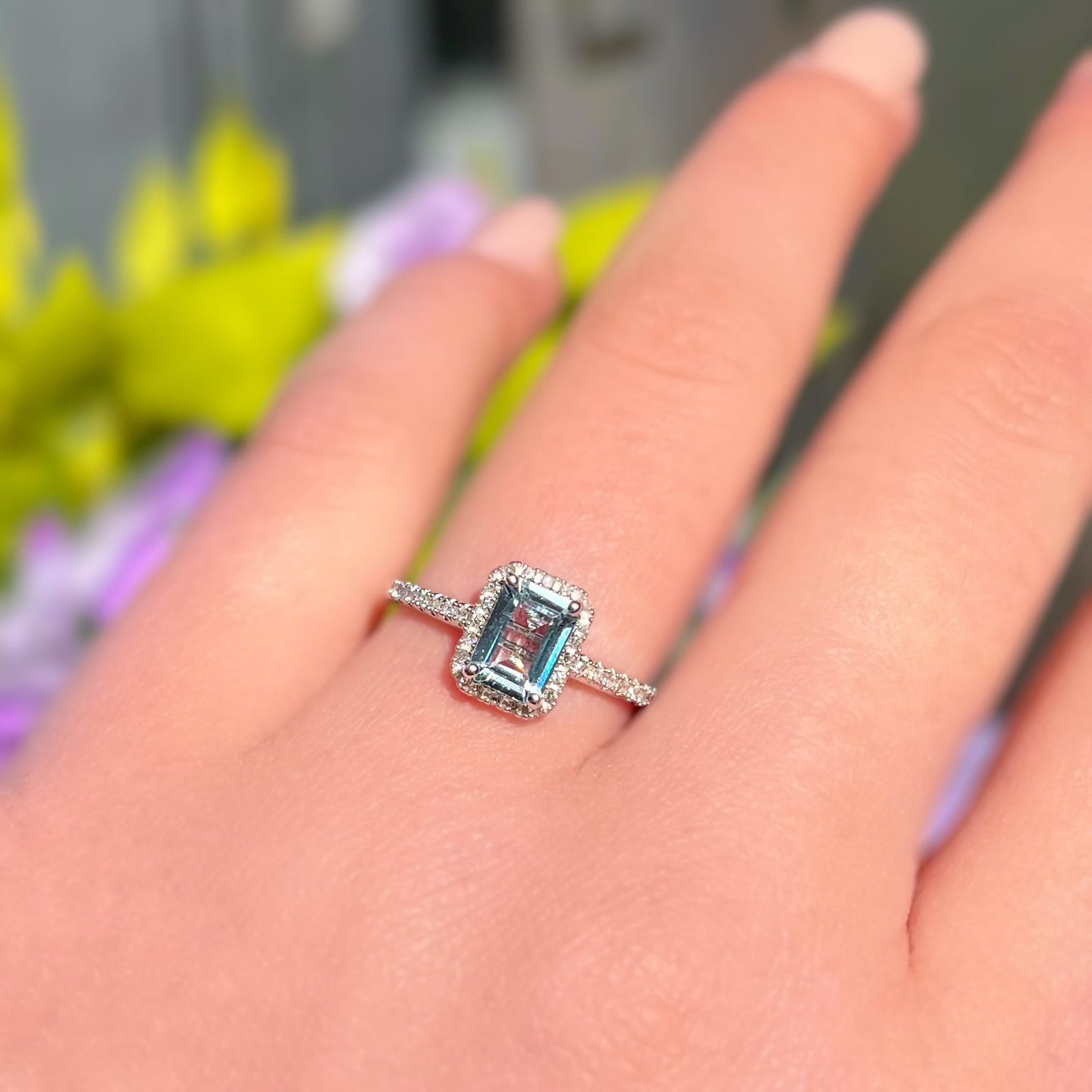 Classy 9ct White Gold Emerald Cut Aquamarine and Diamond Halo Ring - Size N