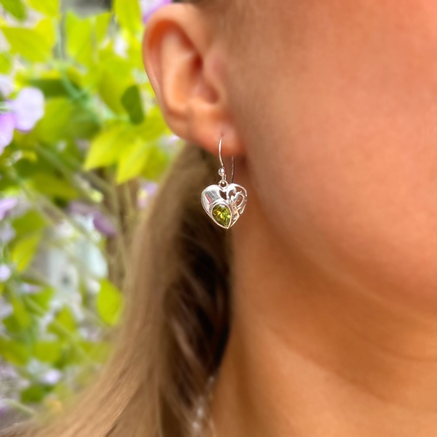 Sterling Silver Green Peridot Heart Drop Earrings