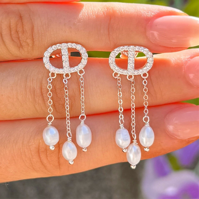 Freshwater Pearl & Cubic Zirconia Halo Sterling Silver Stud Earrings