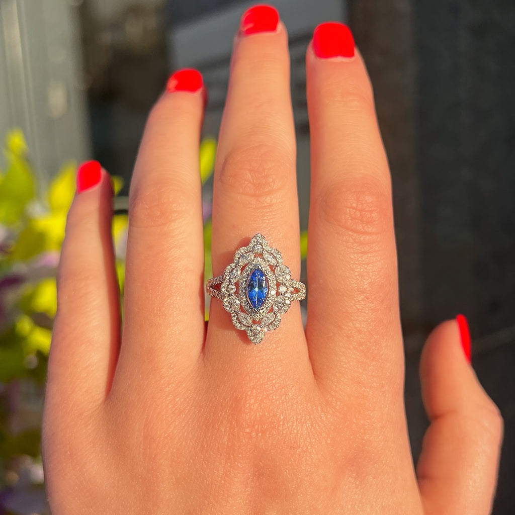 'The Victoria' Marquise Tanzanite and Diamond 18ct White Gold Ring | Size O