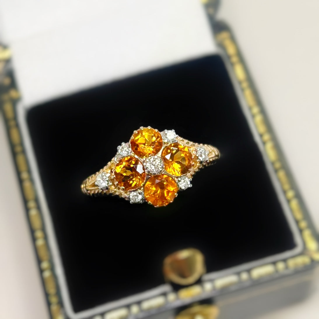 Victorian Inspired 9ct Yellow Gold Citrine and Diamond Forget-me-not Ring - Size M 1/2