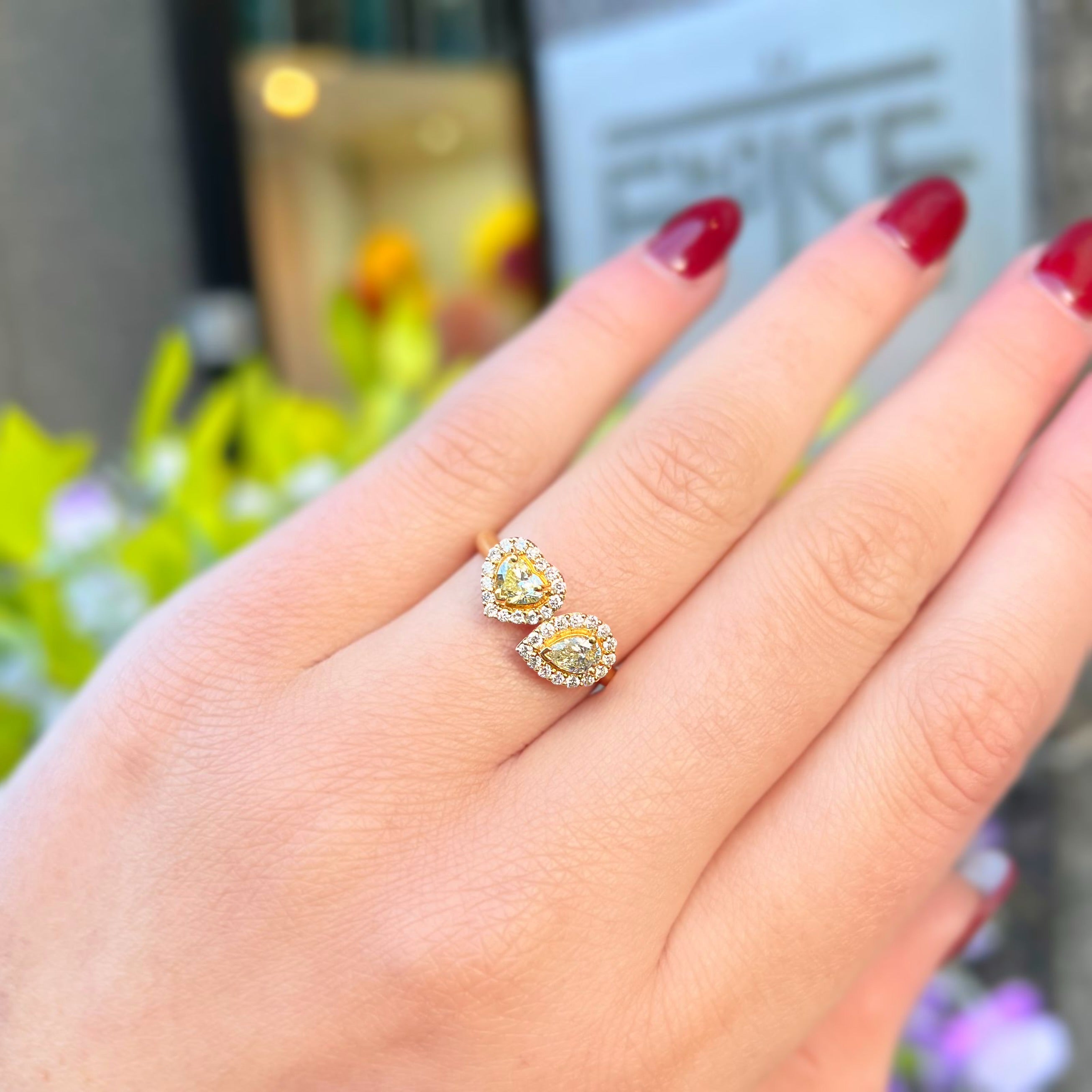 'The Lovers' Natural Yellow Diamond 18ct Yellow Gold Heart & Pear Cut Toi et Moi Ring | Size M ½