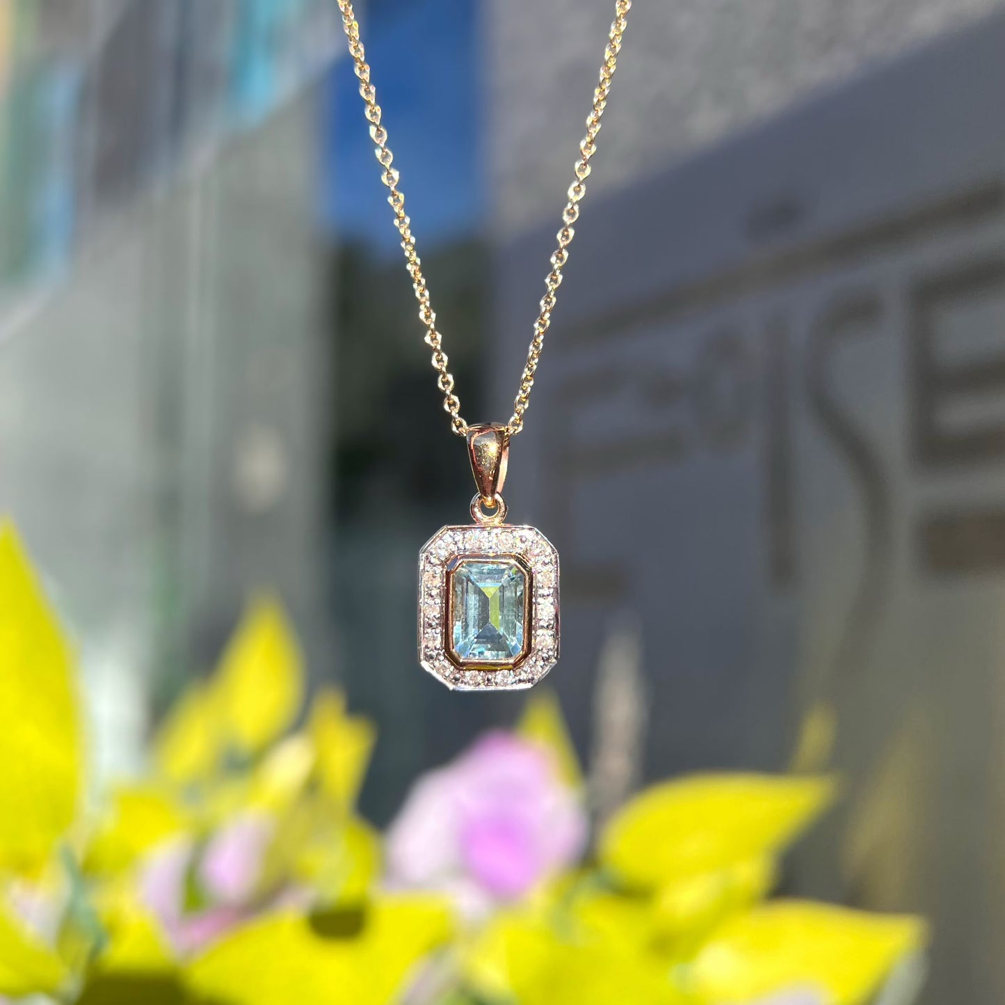 9ct Yellow Gold Aquamarine and Diamond Dainty Art Deco Inspired Necklace