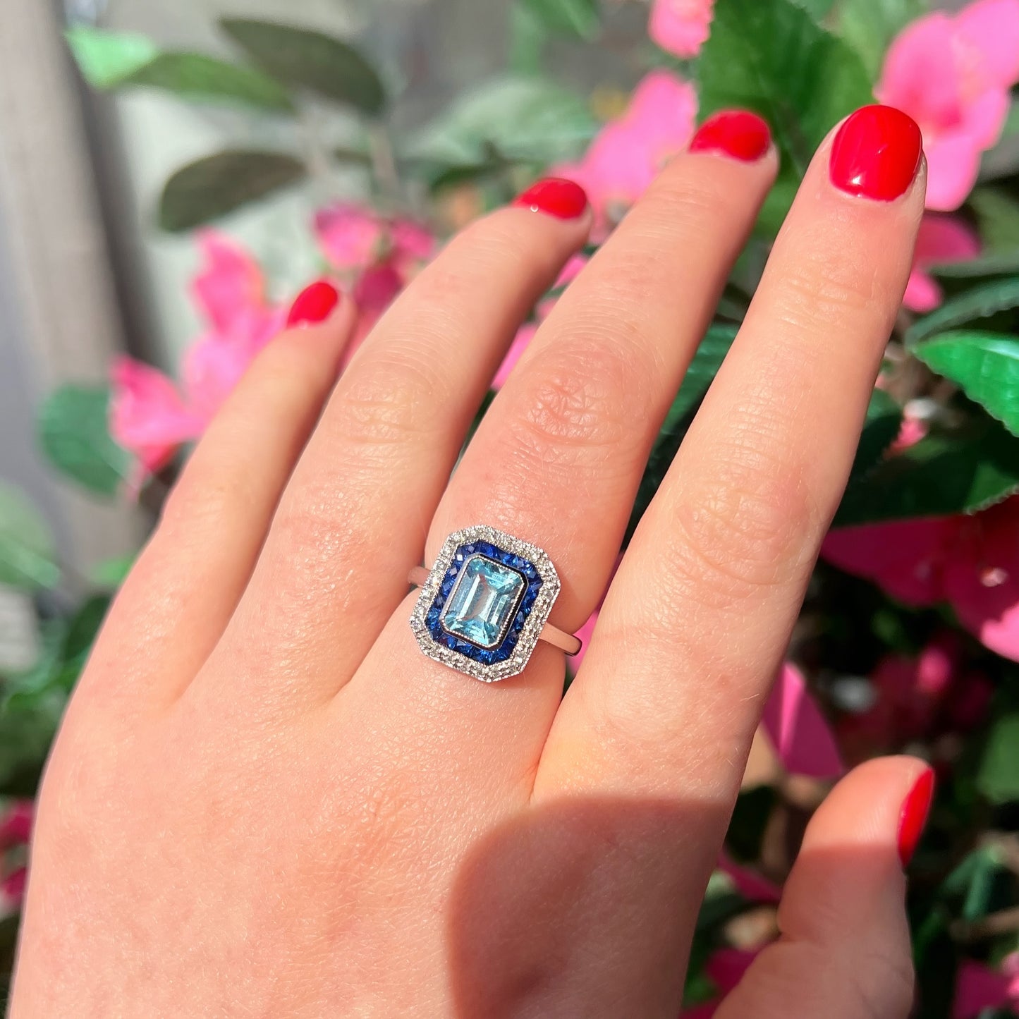 Art Deco Reproduction Blue Topaz, Sapphire and Diamond 9ct White Gold Ring | Size M ½
