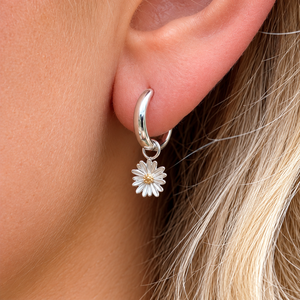 Sterling Silver Two-Tone Daisy Huggie Hoop Earrings