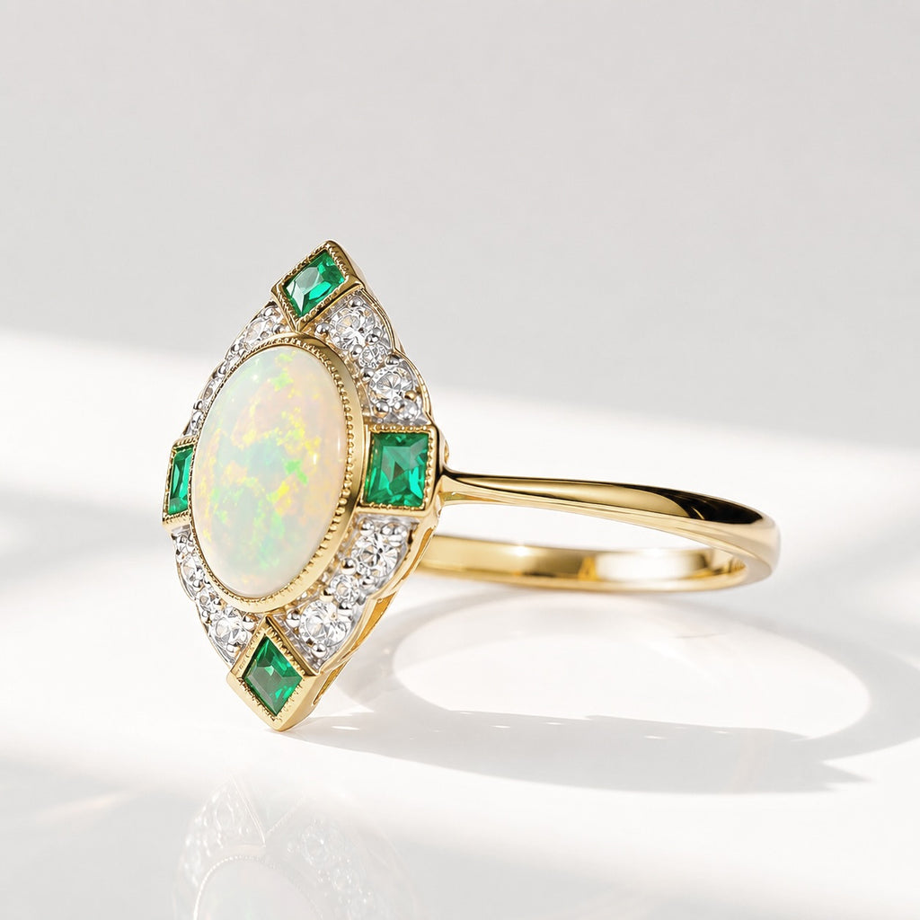 Art Deco Reproduction Opal, Emerald and Diamond 9ct Yellow Gold Ring | Size M ½