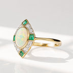 Art Deco Reproduction Opal, Emerald and Diamond 9ct Yellow Gold Ring | Size M ½