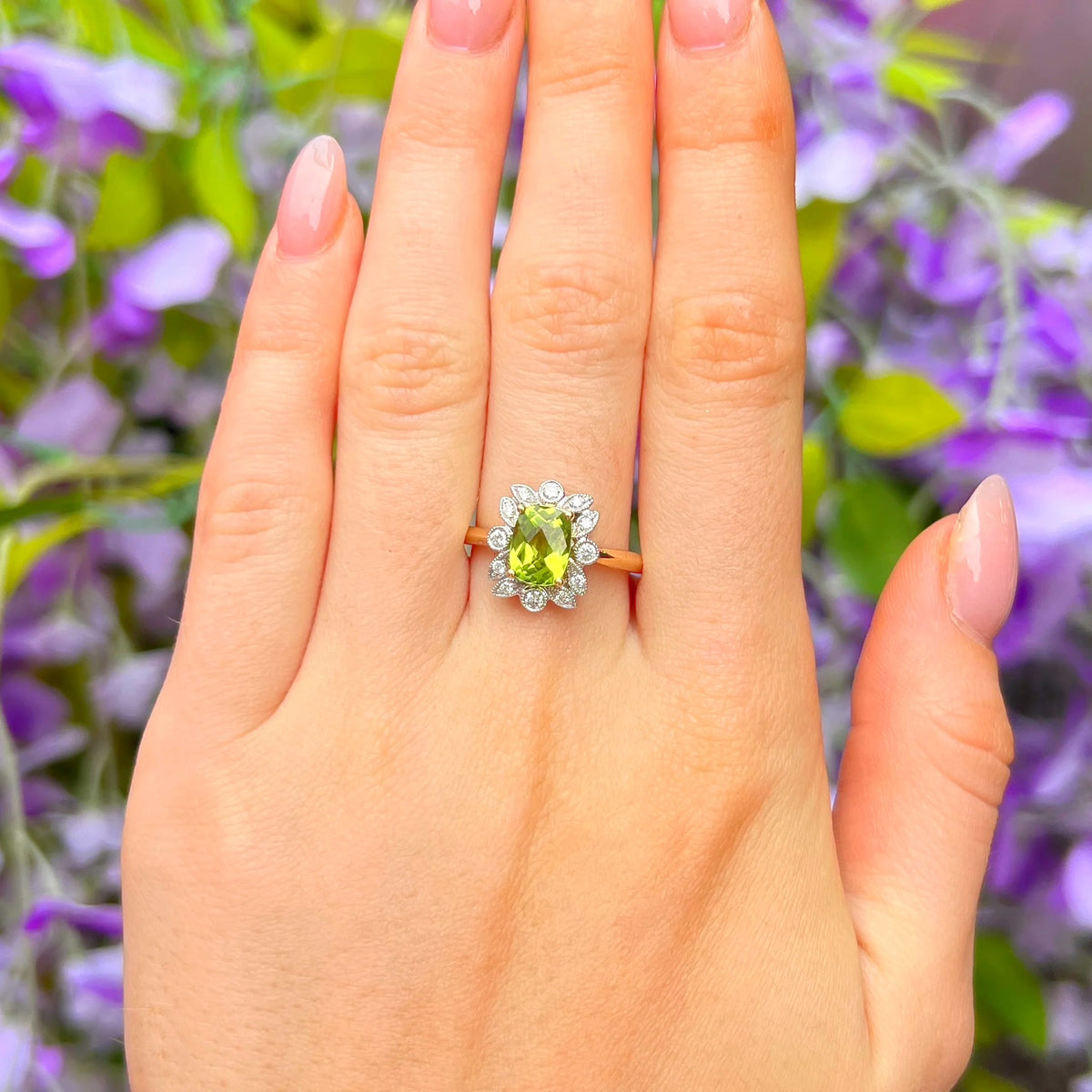 Nature Inspired Peridot and Diamond 9ct Yellow Gold Ring | Size N