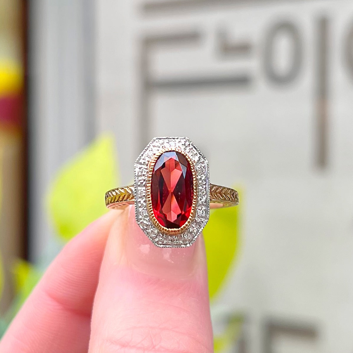 Art Deco Inspired 9ct Yellow Gold, Red Garnet and Diamond Ring - Size L 1/2