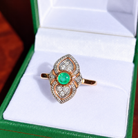 Vintage Reproduction Emerald and Diamond 9ct Yellow Gold Dress Ring