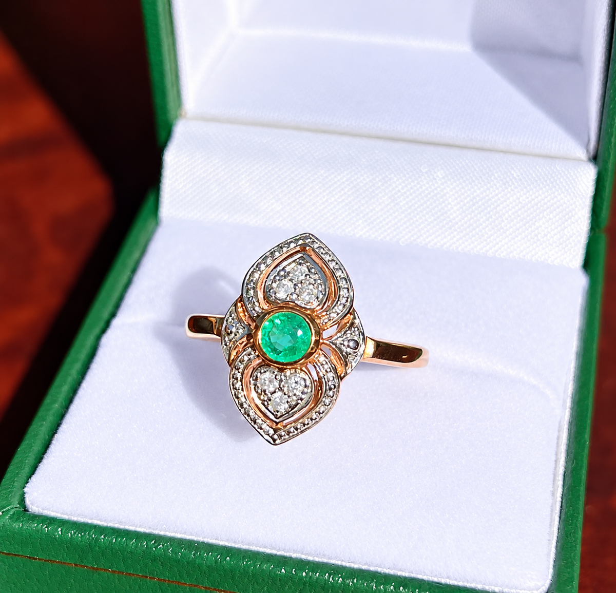Vintage Reproduction Emerald and Diamond 9ct Yellow Gold Dress Ring | Size N ½