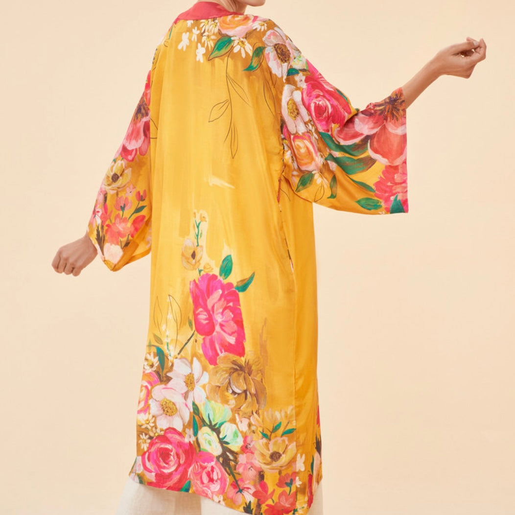 Mustard Yellow & Pink Impressionist Floral Long Kimono Gown | Powder Accessories