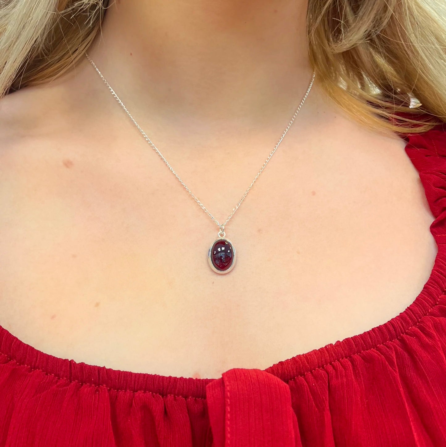 Sterling Silver Minimalistic Oval Red Garnet Necklace